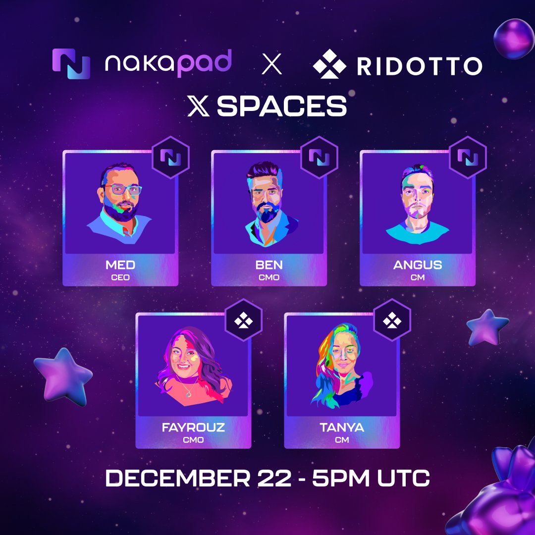 🚨Ridotto and Nakapad Live on X Spaces Today at 5PM UTC 🕔 🗓️ Join teams from Ridotto and Nakapad as they discuss the challenges faced by projects launching in Web 3.0 🚀