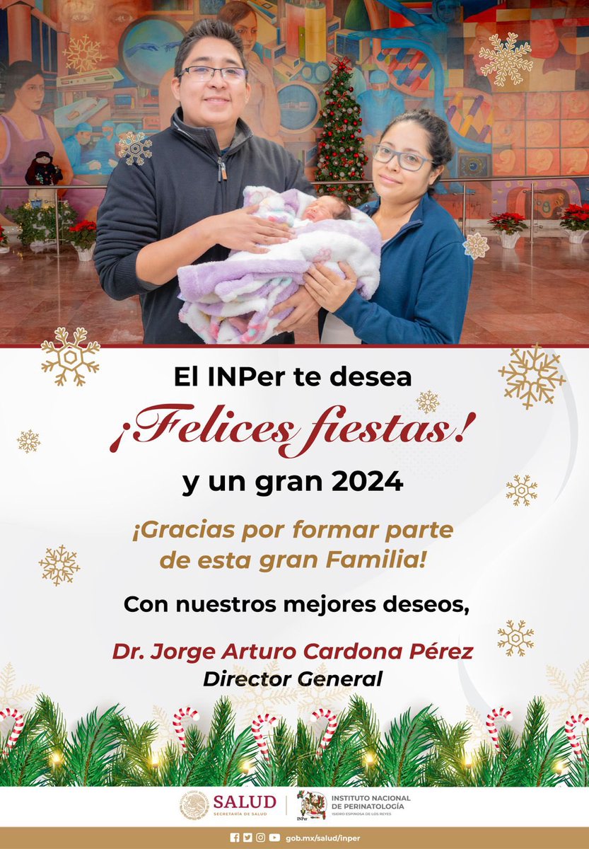 INPer_mx's tweet photo. El INPer te desea ¡Felices fiestas y un gran 2024!
¡Gracias por formar parte de esta gran familia!
Con nuestros mejores deseos,
Dr. Jorge Arturo Cardona Pérez
Director General
#SomosINPer #FamiliaINPer #OrgulloINPer #INPer #Invierno2023 #Feliz2024 #ÉticayHumanismoINPer https://t.co/9uBPyiWKig