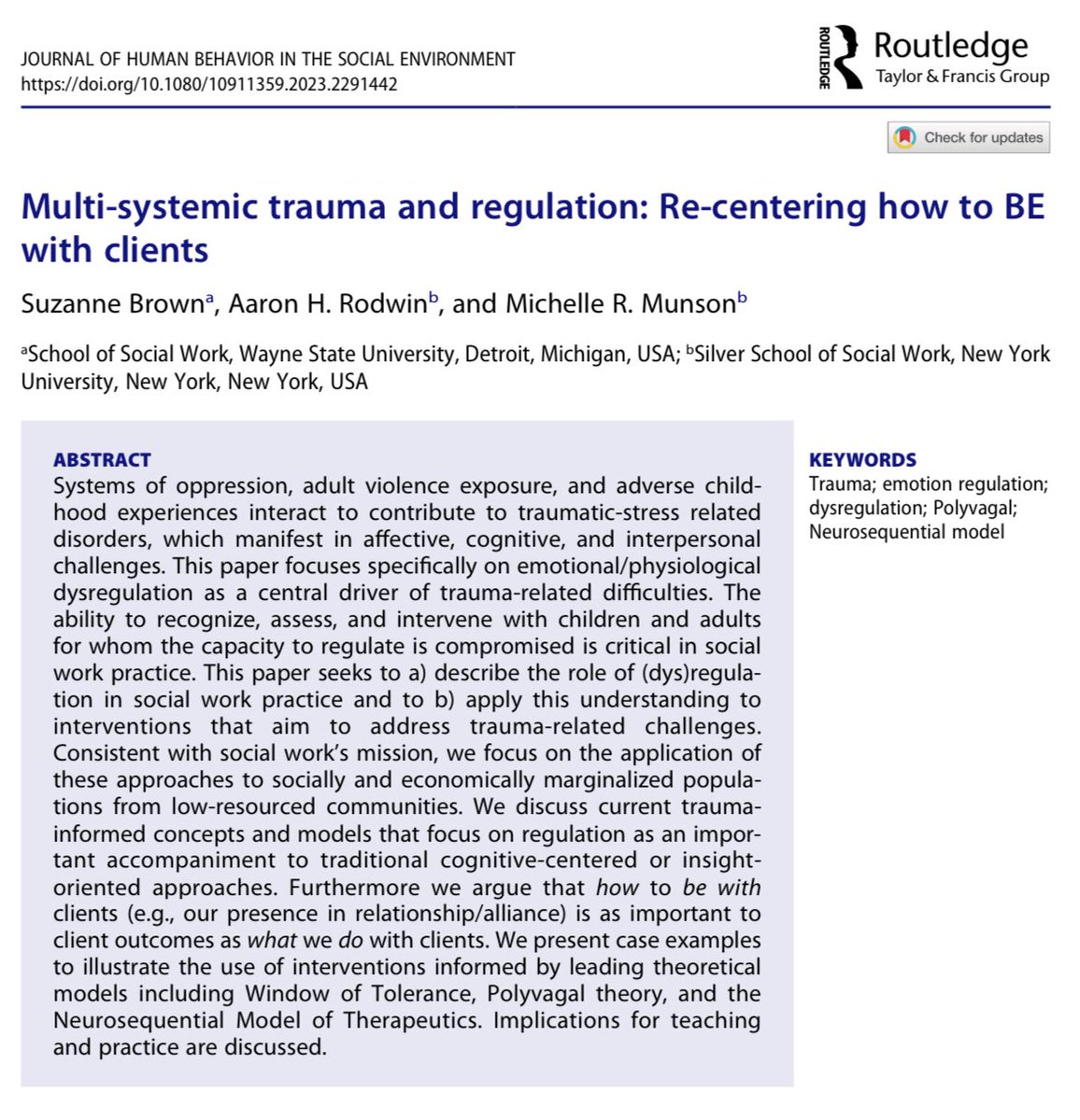 Aaron Rodwin (@aaronrodwin) on Twitter photo New pub led by Dr. Suzanne Brown on multi-systemic trauma & regulation. We include case examples applying trauma informed models eg <a href="/BDPerry/">Bruce D. Perry, M.D.,Ph.D.</a> <a href="/NeuroSequential/">NMT/NME Network</a>, <a href="/DrDanSiegel/">Daniel J. Siegel</a> #WindowOfTolerance & #Polyvagal and resources for social work practice! @MMunsonPhD
tandfonline.com/share/BXRMGA43… New pub led by Dr. Suzanne Brown on multi-systemic trauma & regulation. We include case examples applying trauma informed models eg <a href="/BDPerry/">Bruce D. Perry, M.D.,Ph.D.</a> <a href="/NeuroSequential/">NMT/NME Network</a>, <a href="/DrDanSiegel/">Daniel J. Siegel</a> #WindowOfTolerance & #Polyvagal and resources for social work practice! @MMunsonPhD
tandfonline.com/share/BXRMGA43…