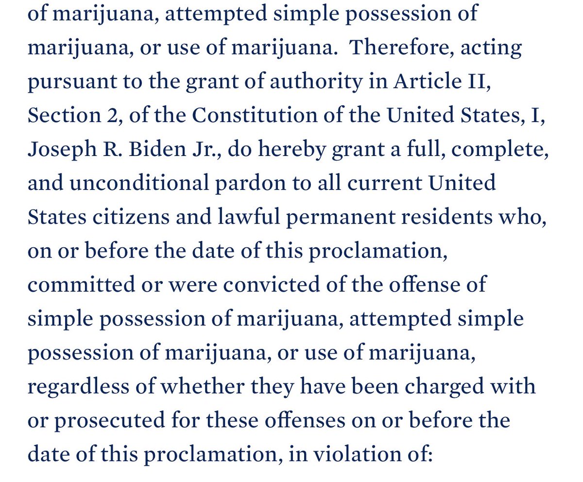 Biden just blanket pardoned all marijuana possession cases regardless of whether there’s been a charge or conviction. This is huge! whitehouse.gov/briefing-room/…