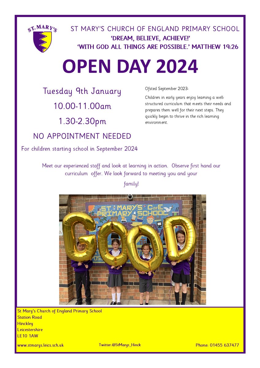 We have one final open day coming up! If you have a child starting school in September 2024 why not come along and have a look around? We look forward to meeting you!😀