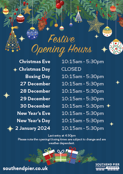 ❄PIER CHRISTMAS OPENING HOURS❄ Planning a visit to Southend Pier & Railway between Christmas and New Year? Check out their festive opening hours 👇👇