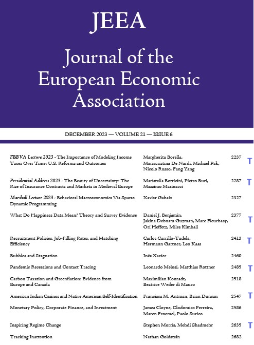December 2023 issue (21,6) of @JEEA_News Journal of @EEANews available online @OUPEconomics Check it out at academic.oup.com/jeea/issue Teaching material available: eeassoc.org/teaching-mater… (marked in blue)