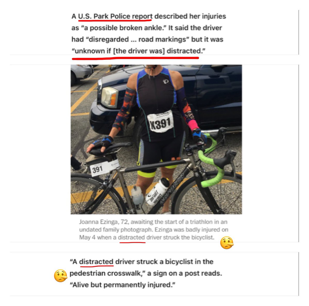 Per usual, the media (and advocacy groups) are incapable of telling the truth when their anti-car agenda is being discussed. #BikePeopleLie

The police report says it was UNKNOWN if the driver was distracted, yet the article twice implies the driver was! #BadJournalism 🤥