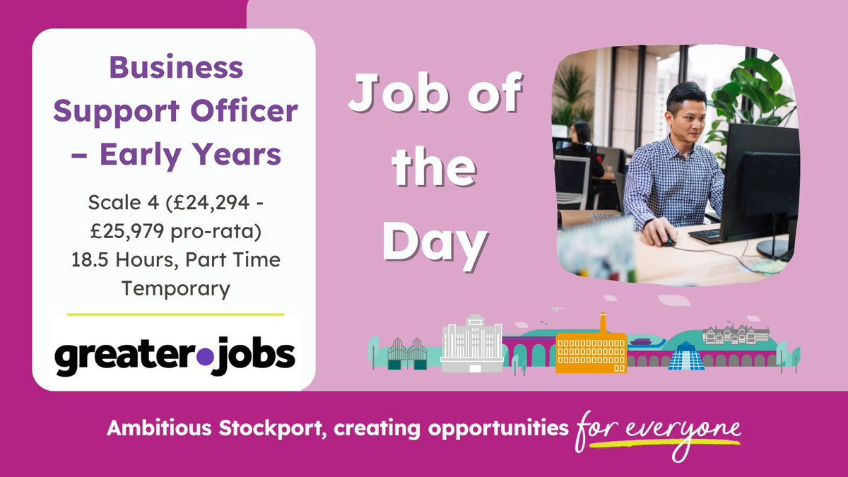 We have an exciting opportunity supporting the Early Years team!

Can you a high standard of customer service? Do you have strong organisational and interpersonal skills? Find our more and apply 👉 orlo.uk/f9TD8

#TeamStockport #AmbitiousStockport #AdminJobs