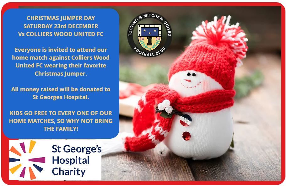 Join us tomorrow for our home match against Colliers Wood United FC and wear your favourite Christmas jumper. Money raised will be donated to St. Georges Hospital.
Bring the kids along for free and make it a fun family day out.

T&amp;M Community Sports Club

#tmcommunitysportsclub