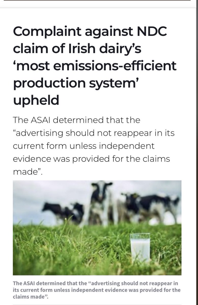 Misleading , no evidence to support  the claim  ‘ Irish dairy most GHG system in Europe & possibly the world’  In fact we are pretty much a laggard in terms of efficiency. Good to have my complaint upheld #greenwashing by @NDC. Check out full details on ASAI website 
#irishdairy