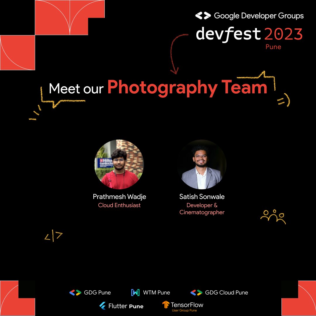Unveiling the faces capturing the magic behind GDG Pune’s DevFest Pune 2023 📸 Kudos to our talented team of photographers! 👏 🎟 Reserve your tickets today! devfest.gdgpune.in/registration #DevfestPune2023 #GDGPune #DFP2023 #gdgcommunity #DevFestPhotographyTea!