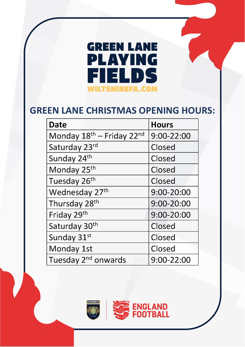 Over the course of the festive period, there will be changes to the opening hours for Green Lane Playing Fields. 

Please see below for the opening times in full - and have a great Christmas!

#WeAreGREENLanePlayingFields