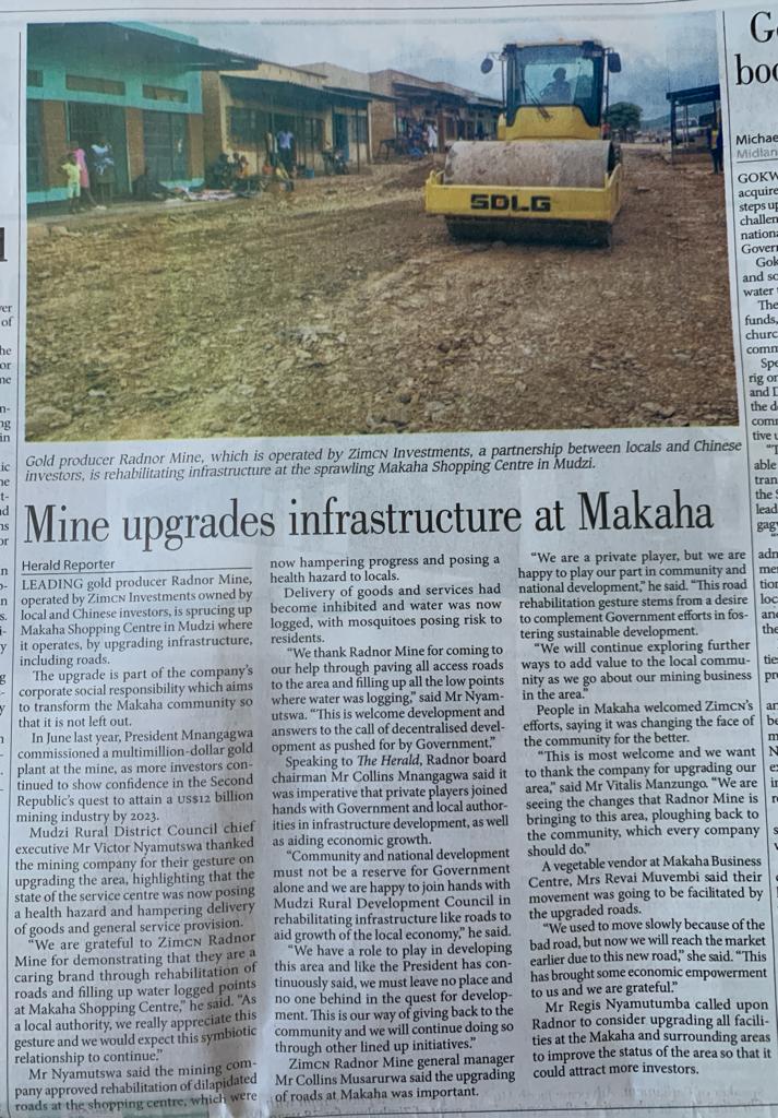 More about our infrastructure development efforts at Makaha in today's issue of @HeraldZimbabwe 
#radnoreminecares
@MoFA_ZW @ZimTreasury @MinistryMines @EsteemComms @IdeasZaka @takemorem1 @Mavhure