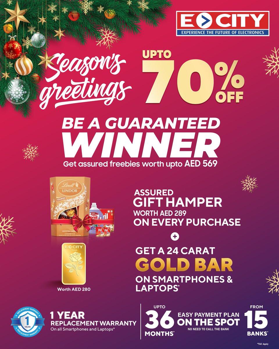 Season's Greetings! Celebrate with up to 70% off on electronics and be a guaranteed winner! 

Hurry! shop online : ecityuae.ae/dsf-sale/ or Visit Ecity stores today.

Locate your nearest Ecity store : ecityuae.ae/index.php?disp…

#ecity #uae #smartphones #uaedeals #DSF2024