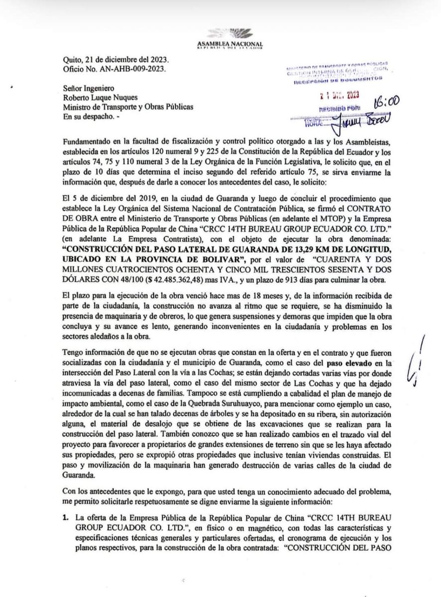 hbosquezab's tweet photo. Hace 18 meses concluyó el plazo para culminar la construcción del Paso Lateral de Guaranda. He requerido información al #MOTOP. La obra es de 13.29 km de long., con un costo de
$ 42.485.362,48 más IVA., y un plazo de 913 días para su ejecución desde diciembre de 2019. https://t.co/QtJSgqn1Y8