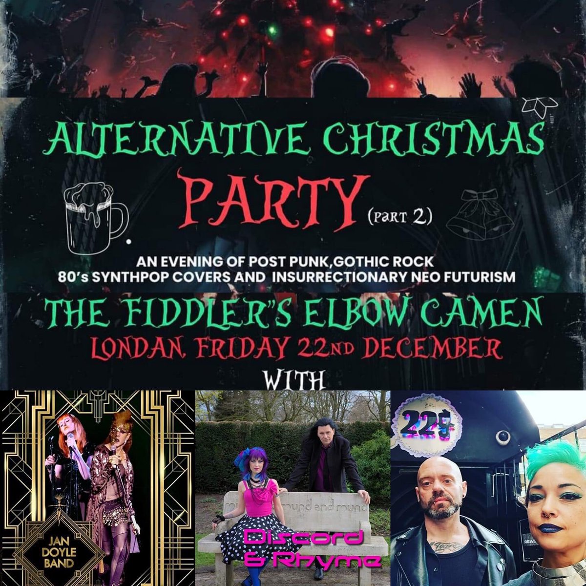 We are sorry to announce that due to Covid, In Isolation are unable to appear at tonight’s Alternative Christmas party in Camden.

80s alternative covers act, the fantastic Discord and Rhyme will now be headlining, and alongside Jan Doyle Band, Palindrones will now appear.