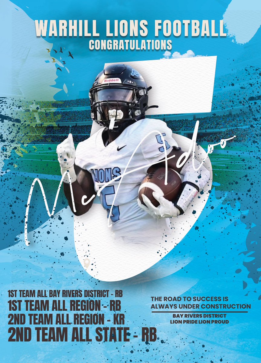 Congrats to @Jaedyn_McAdoo5 for being an All-State RB in the state of Virginia! Young Man has worked extremely hard. 956 rushing yds in 9 games (Averaged 9.94 yds per carry-Highest in the state) 9 receptions 216 yards (24 yds a catch) 2 Kick returns for TD! 18 TDs for the year