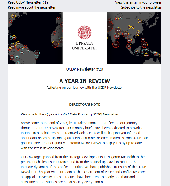 The 20th issue of the Uppsala Conflict Data Program (UCDP) Newsletter has been released, presenting trends in organized violence in November 2023. 👉t.ly/B0VSS Sign up for monthly updates from the UCDP here: doit.medfarm.uu.se/bin/kurt3/kurt…