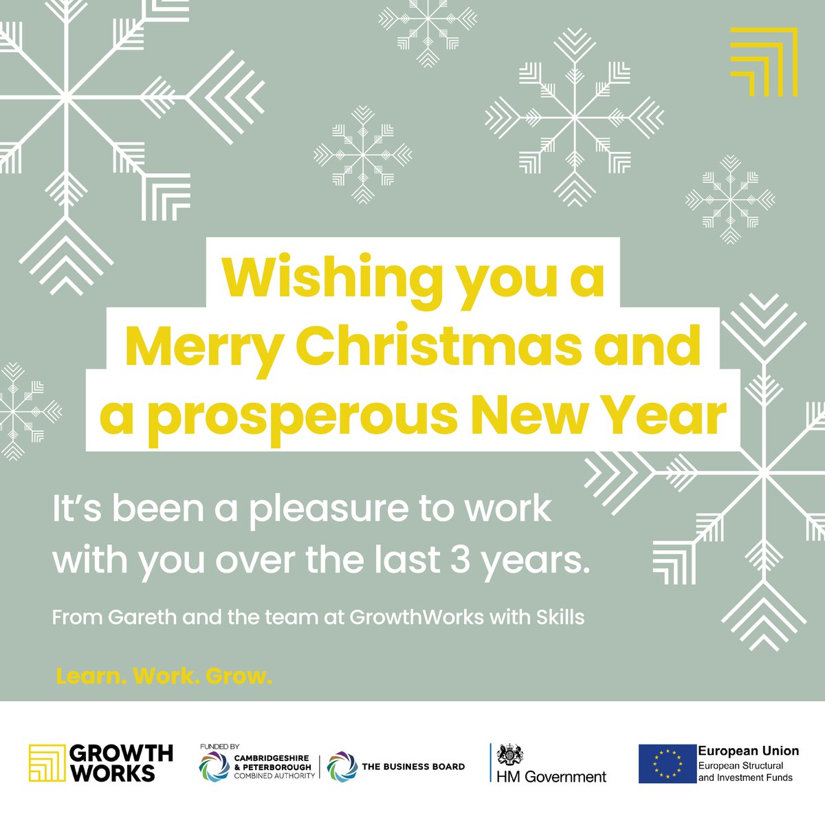 On behalf of Gareth and the entire GrowthWorks with Skills team, we'd like to wish you a very Merry Christmas and a prosperous New Year. #MerryChristmas #HappyNewYear