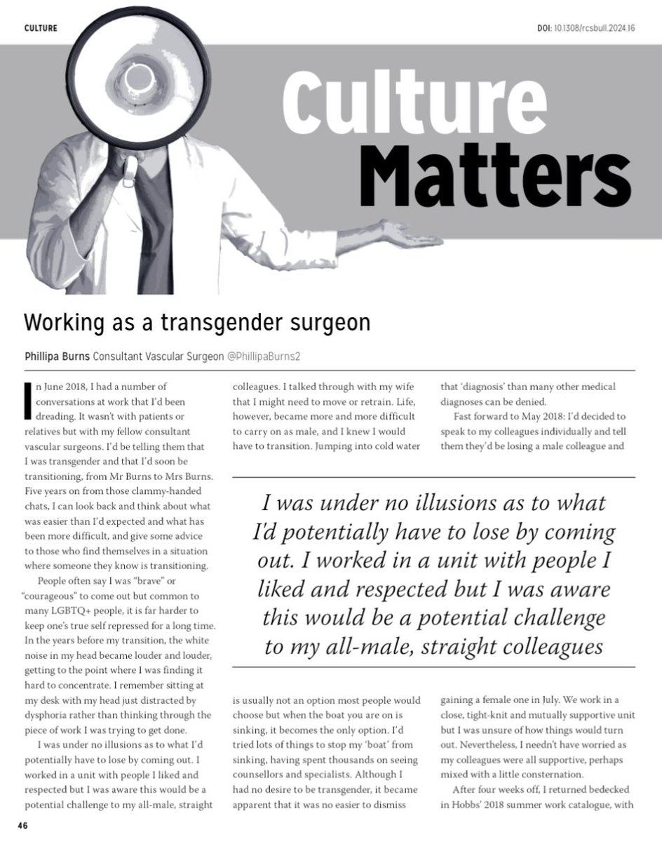 Great to see our very own @PhillipaBurns2 in the @RCSnews Bulletin 'Culture Matters' column, sharing her experience of working as a transgender surgeon and offering tips for allies. 🙌 publishing.rcseng.ac.uk/doi/full/10.13… #PrideInSurgery