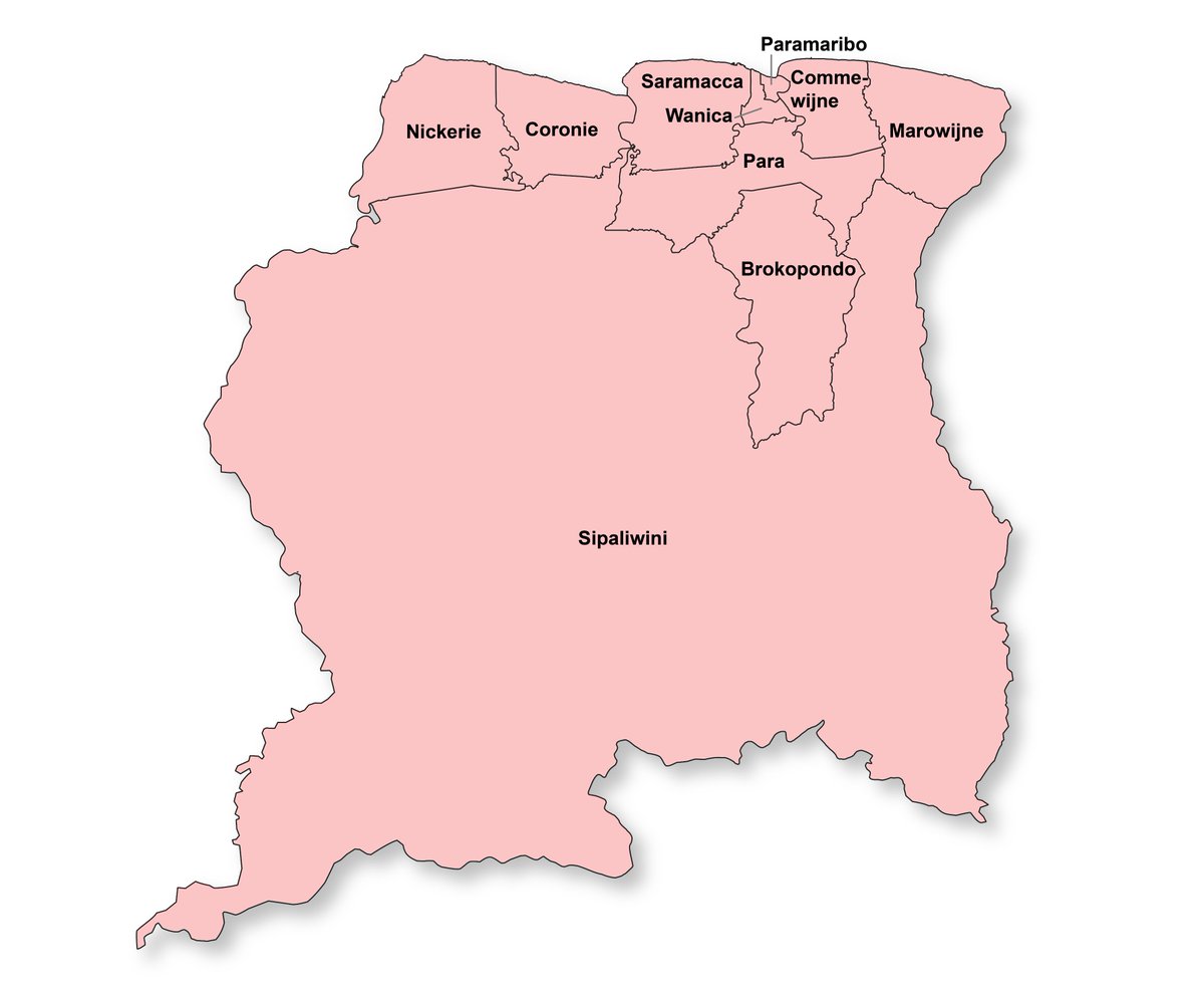 Since the 1985 reorganization, Suriname has consisted of ten districts: 1 Brokopondo 2 Commewijne 3 Coronie 4 Marowijne 5 Nickerie 6 Para 7 Paramaribo 8 Saramacca 9 Sipaliwini 10 Wanica