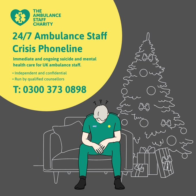 . @TASCharity 's 24/7 #AmbulanceStaff Crisis Phoneline gives independent, confidential help to UK #Ambulance staff experiencing suicidal thoughts. Get immediate & ongoing support from counsellors experienced in helping #BlueLight workers. 0300 373 0898 / theasc.org.uk/crisis