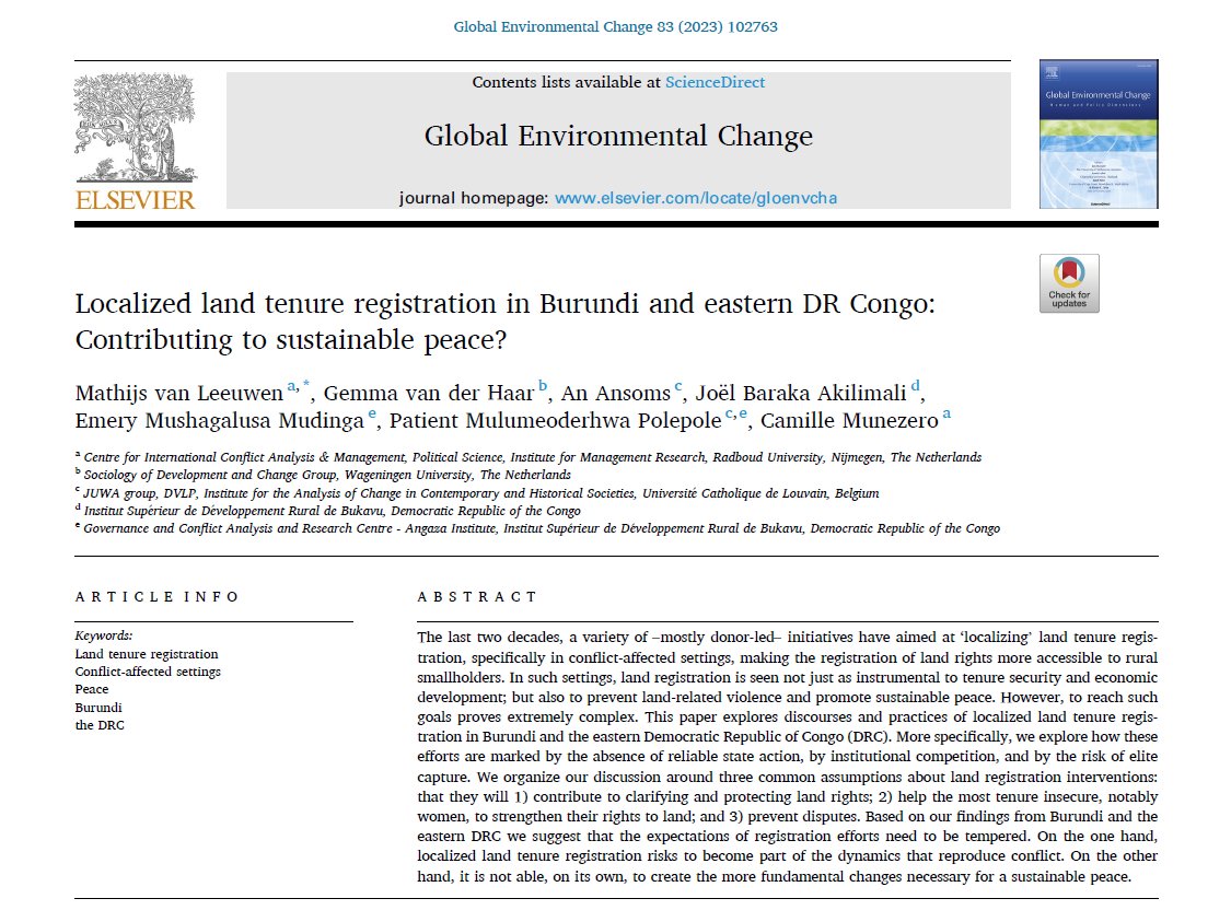 Can localized land tenure registration in Burundi & eastern DRC contributing to sustainable peace? Find out more in our new @GEC_Journal paper with @LeeuwenMathijs @GemmaVanderhaar @AnAnsoms @EmeryMudinga @JoelBARAKAT @CamilleMnezero #SecTenSusPeace #T2S➡️sciencedirect.com/science/articl…