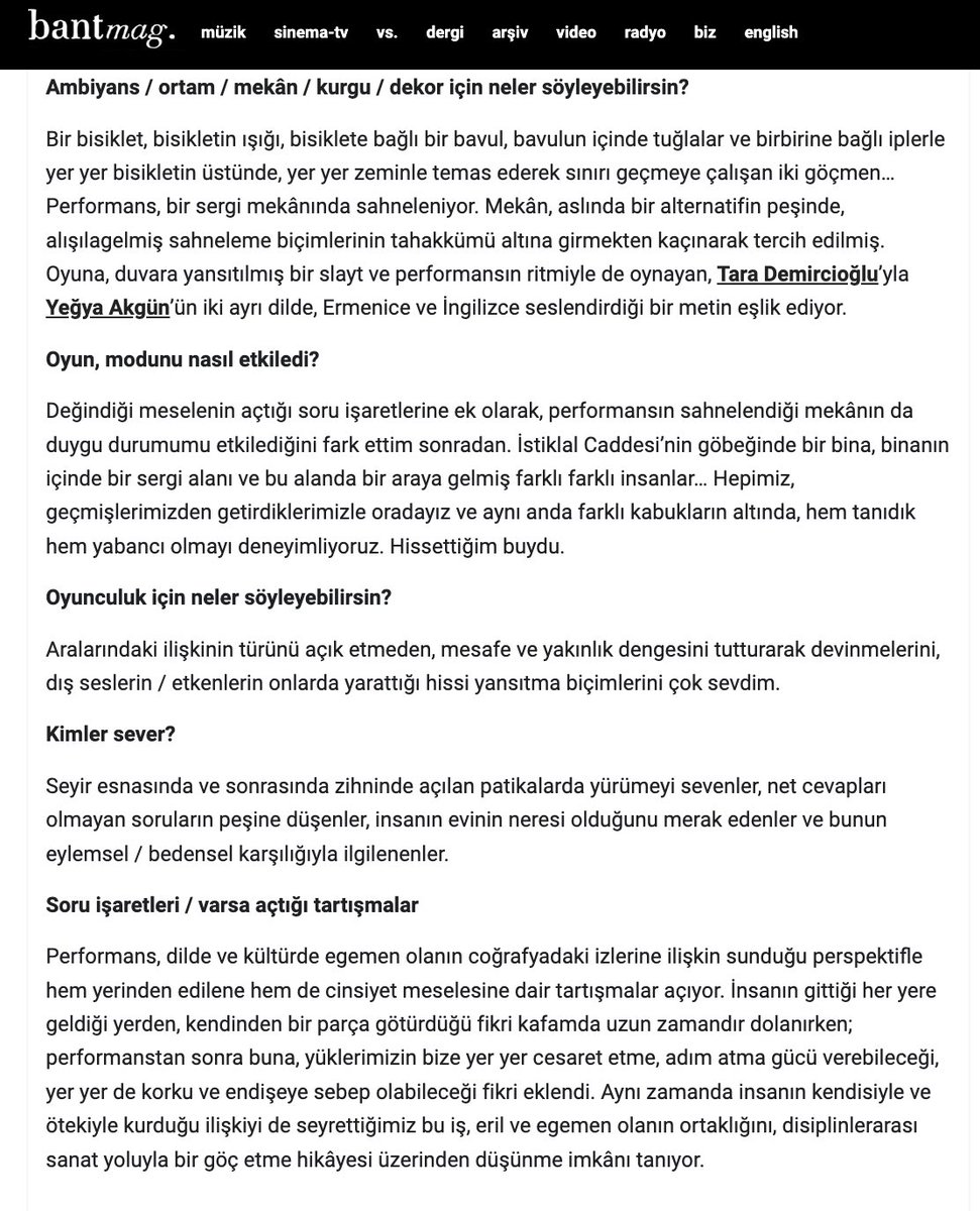 nomad performance (@nomadperformans) on Twitter photo Deniz Dursun’un, performansımız ardından, bantmag’de kaleme aldığı izlenimleri için teşekkür ederiz!
Sıradaki temsil 24 Aralık Pazar saat 19:00’da Taksim’de, Karşı Sanat’ta.
Biletler: tiyatrolar.com.tr/m/tiyatro/disp…
<a href="/bantmagazine/">bant mag.</a> <a href="/ayselproust/">:Deniz</a> <a href="/ezgiadanc/">ezgi adanc</a> <a href="/erturkerkek/">Ertürk Erkek</a> <a href="/tiyatrolarcomtr/">tiyatrolarcomtr</a> Deniz Dursun’un, performansımız ardından, bantmag’de kaleme aldığı izlenimleri için teşekkür ederiz!
Sıradaki temsil 24 Aralık Pazar saat 19:00’da Taksim’de, Karşı Sanat’ta.
Biletler: tiyatrolar.com.tr/m/tiyatro/disp…
<a href="/bantmagazine/">bant mag.</a> <a href="/ayselproust/">:Deniz</a> <a href="/ezgiadanc/">ezgi adanc</a> <a href="/erturkerkek/">Ertürk Erkek</a> <a href="/tiyatrolarcomtr/">tiyatrolarcomtr</a>