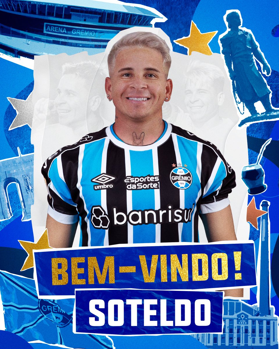 #ReforçoTricolor 🇪🇪 O atacante Soteldo é a primeira novidade para 2024. O atleta chega por empréstimo, junto ao Santos, por uma temporada. Aos 26 anos, ele será o primeiro venezuelano a defender as cores do Imortal. Bienvenido!

gremio.net/noticias/detal…