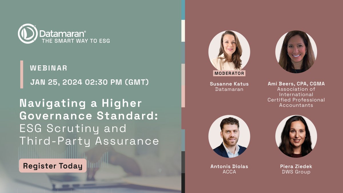 NEW #WEBINAR: Navigating a Higher #Governance Standard: ESG Scrutiny and Third-Party Assurance on Jan 25, 2024 Join us and a panel of #ESG experts to get actionable advice on how to best prepare for the new requirements that are coming. Save your spot: datamaran.zoom.us/webinar/regist….