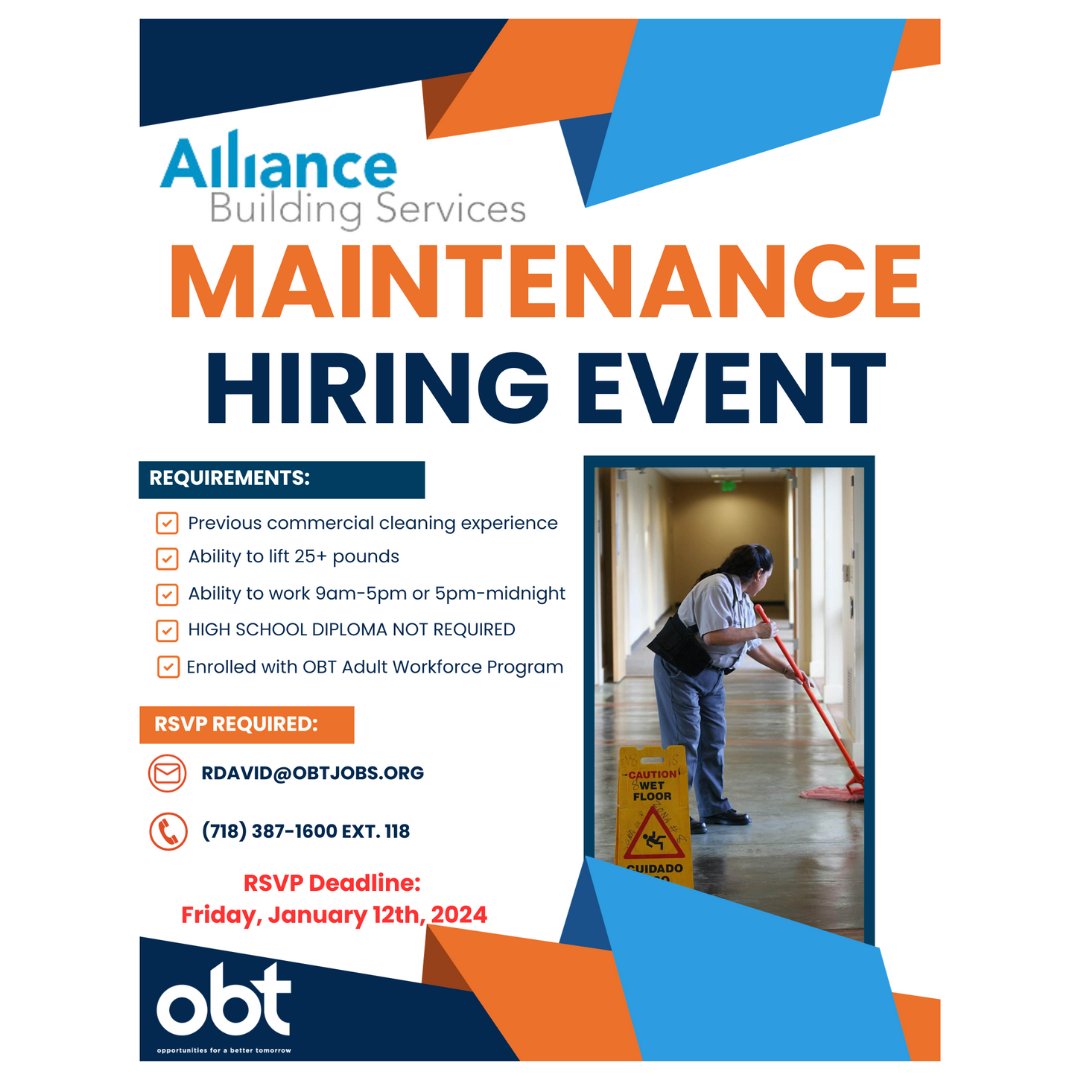 🚀 Exciting Employment Opportunity Alert! 🚀 Get ready for incredible employment opportunities! 🌟 Next month, we're teaming up with Alliance Building Services for an exclusive #HiringEvent, and you're invited! 📆 Date: 1/17/24 📧 RSVP at RDavid@obtjobs.org ⏰ Deadline: 1/12/24