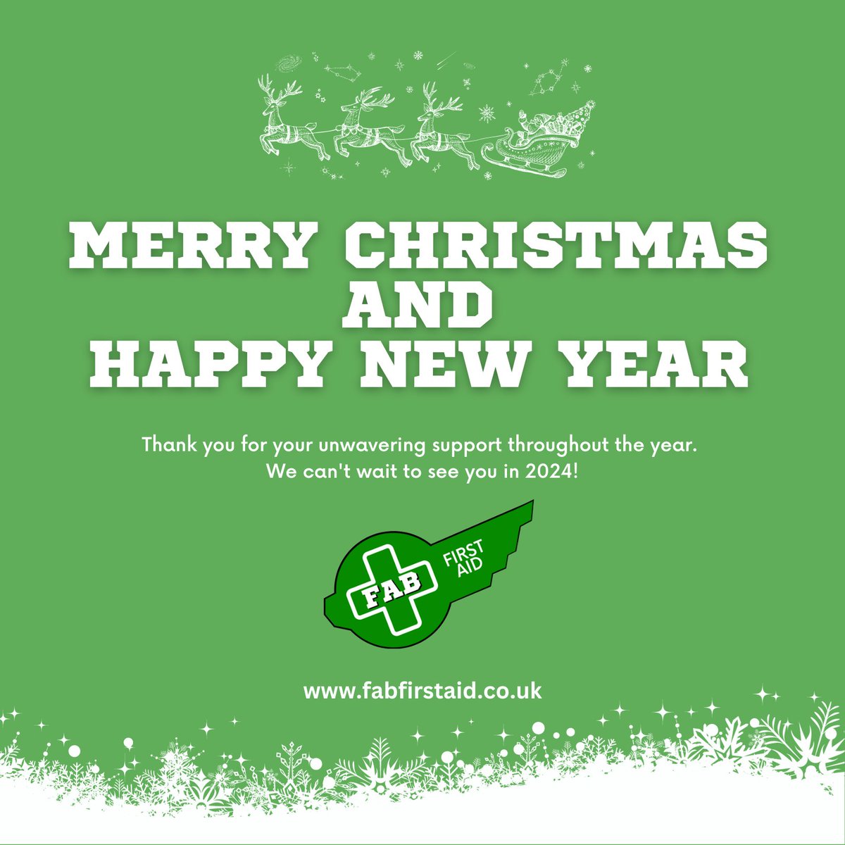 🎄 Wishing all our amazing customers a Merry Christmas and a Happy New Year from FAB First Aid! 🎅 Thank you for your incredible support this year! 
Here's to a joyful holiday season and a prosperous New Year! 🥂 We can't wait to see you in 2024! 🎉  #FABFirstAid 🎄