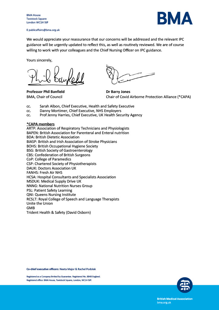 Today we and the Covid Airborne Protection Alliance have written to NHSE to highlight the urgent need for their Infection Protection Control guidance to be updated to better protect staff and patients. 

Read the full letter below. bma.org.uk/media/55hd1hpi…
