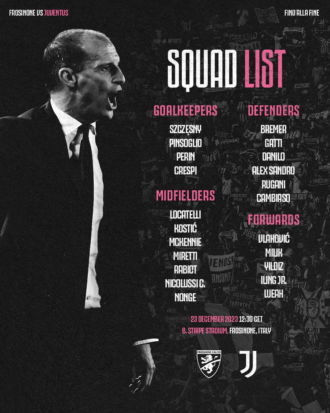 Forza Juventus on X: "❗Official squad list for the game against Frosinone.  Huijsen OUT Chiesa OUT Crespi IN Weah moved to forwards list #Juventus  https://t.co/ryMBOL4mDa" / X