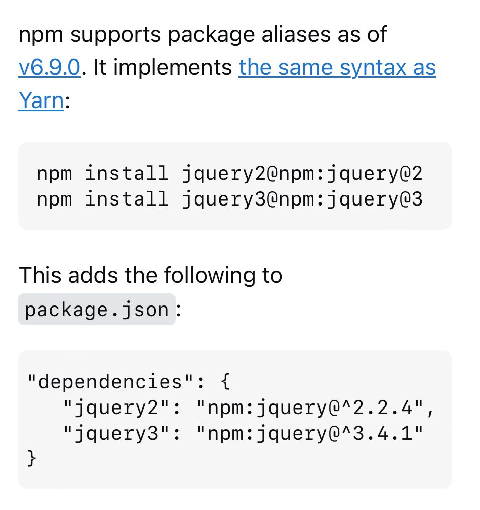 housecor's tweet image. Problem: We need to upgrade an npm package. But upgrading in one PR will create a big, risky PR. 
Solution: 
1. Use npm package aliases. This allows running two versions of the same package.
2. Migrate to the new version one file at a time via multiple PRs.
Example: