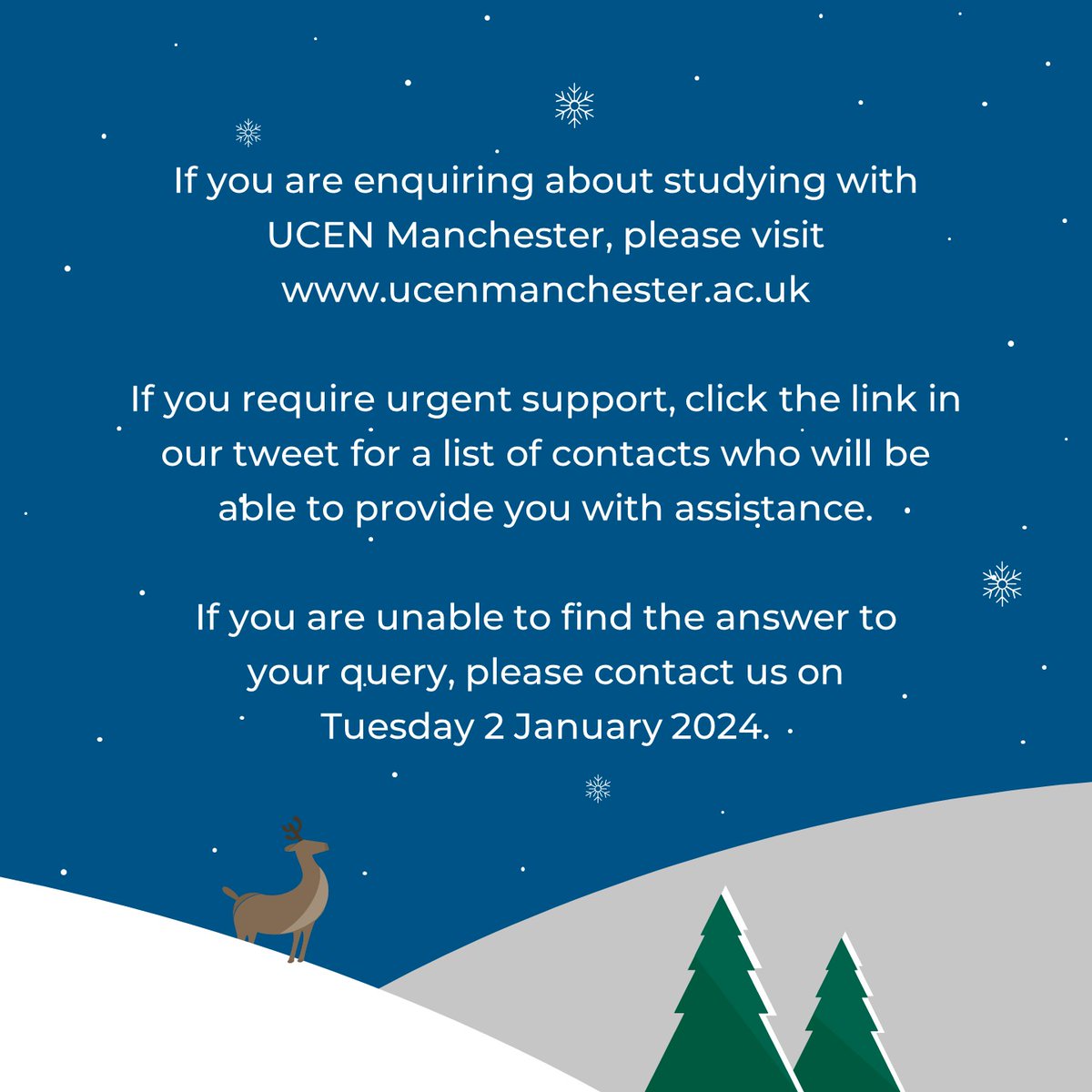 We will be unable to respond to social media enquiries until Tuesday 2 January 2024. If you need support during the festive break, visit ow.ly/WVsw50Ql09Y for a handy list of contacts who will be able to provide you with assistance.