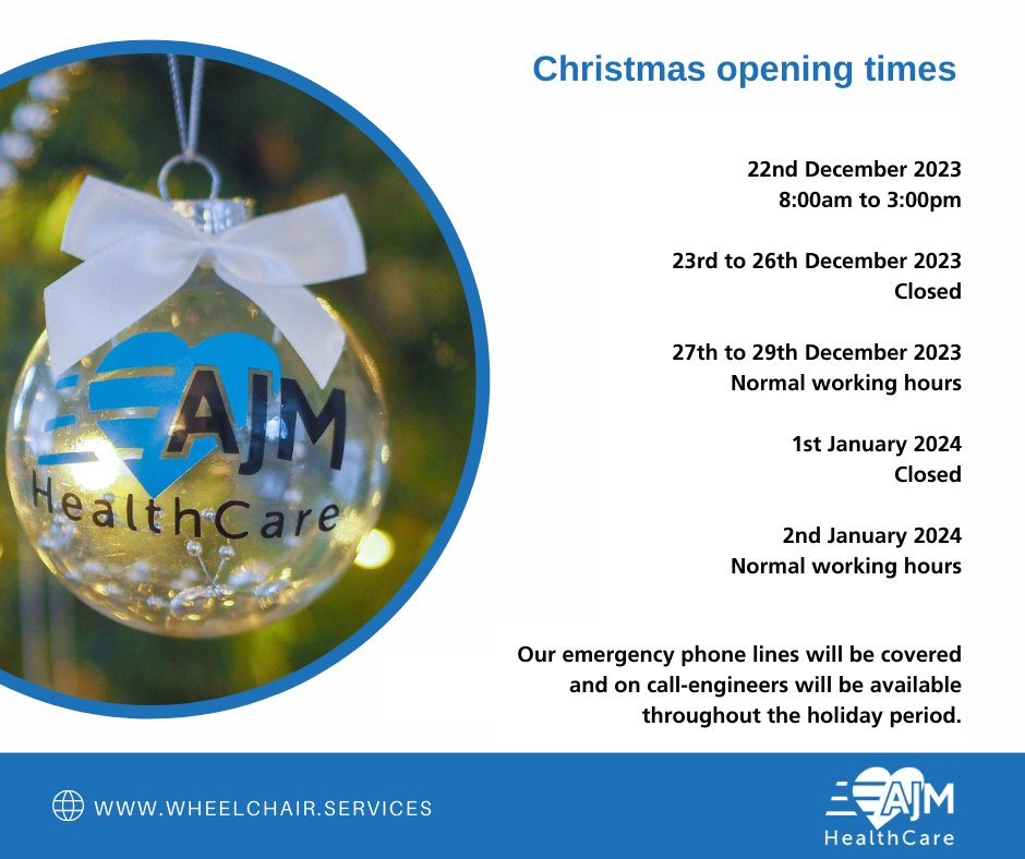 Our NHS wheelchair services are open throughout the Christmas period. Our sites are closed over bank holidays, but our emergency phone lines will be covered, and our field service engineers will also be on call for emergencies.