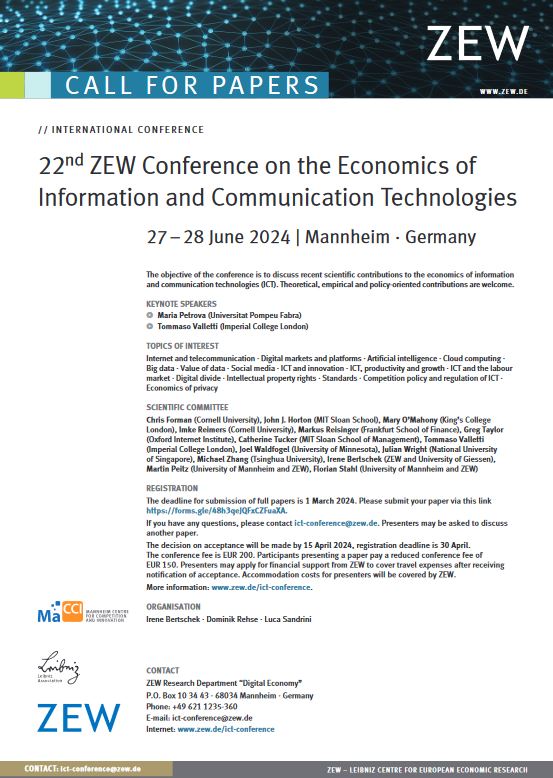 ZEW_en (@zew_en) on Twitter photo 🚨#CallforPapers: 22nd #ZEW Conference on the Economics of Information & #CommunicationTechnologies with Maria Petrova <a href="/bse_barcelona/">Barcelona School of Economics</a> & <a href="/TomValletti/">Tommaso Valletti</a> on 27 & 28 June, Mannheim
🗓️Deadline: 1 March
📖More information: zew.de/ict-conference…
Looking forward to your contributions! 🚨#CallforPapers: 22nd #ZEW Conference on the Economics of Information & #CommunicationTechnologies with Maria Petrova <a href="/bse_barcelona/">Barcelona School of Economics</a> & <a href="/TomValletti/">Tommaso Valletti</a> on 27 & 28 June, Mannheim
🗓️Deadline: 1 March
📖More information: zew.de/ict-conference…
Looking forward to your contributions!