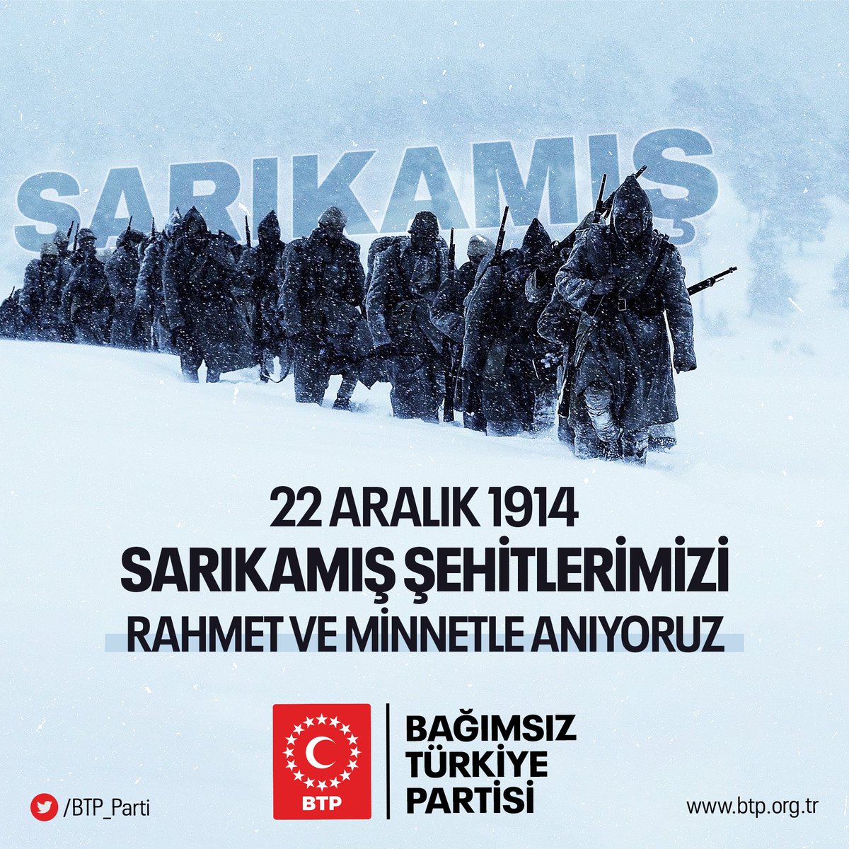 Sarıkamış Şehitlerimizi rahmet ve minnetle anıyoruz.

#22Aralık1914 #Sarıkamış #22Aralık