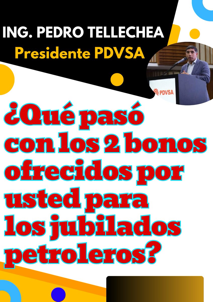 <a href="/TellecheaRuiz/">Rafael Tellechea</a> <a href="/delcyrodriguezv/">Delcy Rodríguez</a> Ing. <a href="/TellecheaRuiz/">Rafael Tellechea</a>

☑️ En vista de las fiestas navideñas cumpla con su palabra de presidente <a href="/PDVSA/">PDVSA</a> y ministro de @MinPetroleoVE

☑️ Los jubilados petroleros estamos atravesando una situación precaria ‼️

☑️ Esperamos con ansiedad esos DOS BONOS❗️

#22Dic #PDVSA #FDP #Venezuela