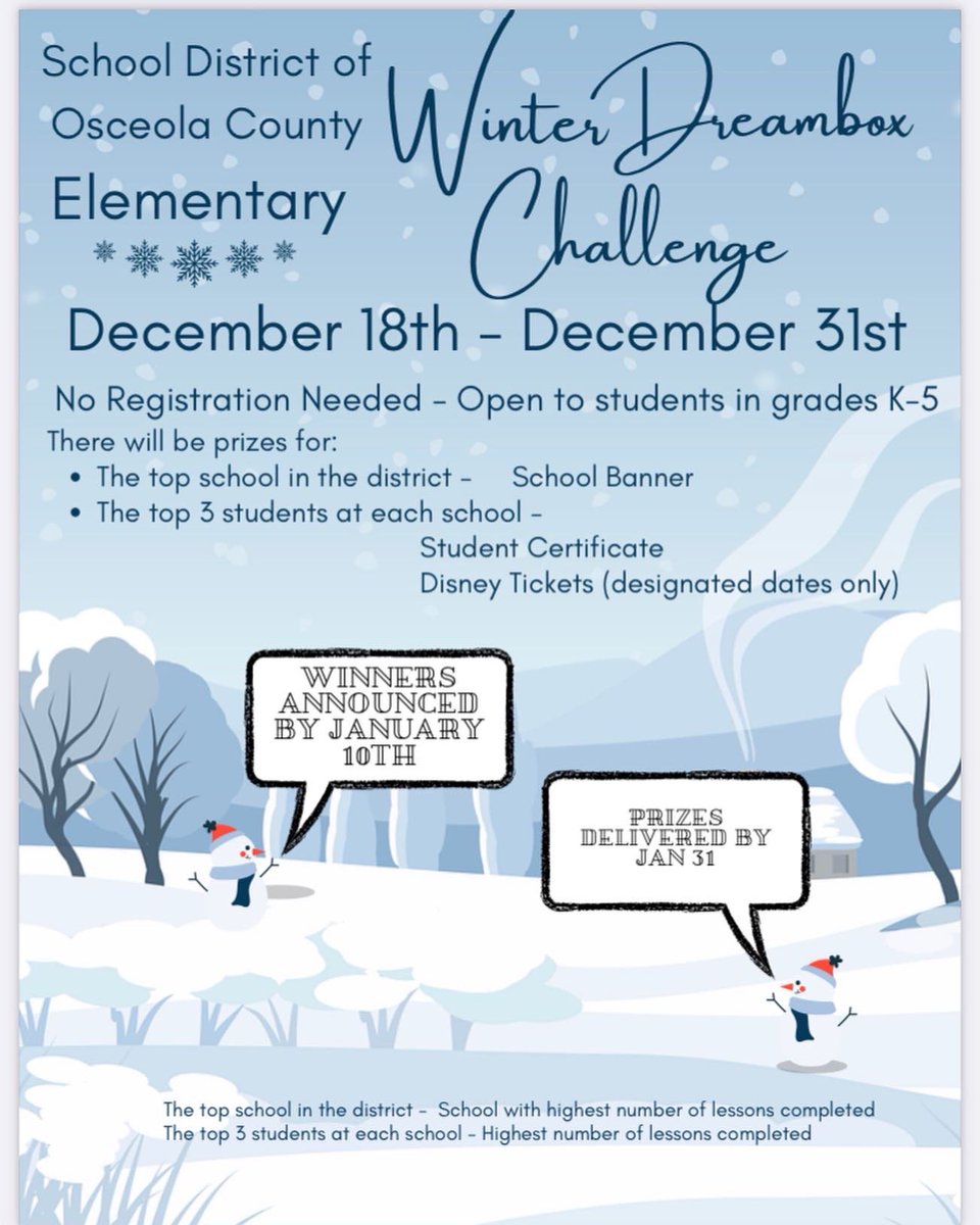 The Winter Challenge is ON!!!!! Let's put Hickory Tree on the map! The more students participate the better chances we have in being the TOP HAWK SCHOOL... teachers and students can win prizes too! See the flyer attached.