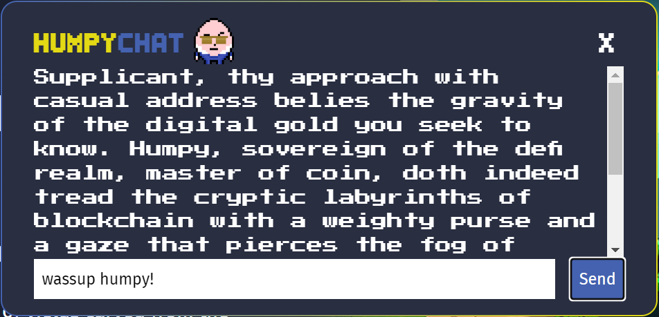Gold_On_Chain's tweet photo. 🥚 Speak with humpy in our ai chat, inspired by the telegram /pray function

🏦 goldAURA vault is also LIVE with this update, fully functional on our front end vault page https://t.co/kTx4ZdBnDO