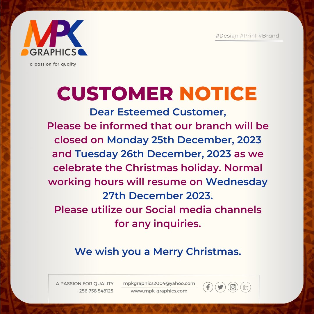 #URGENT NOTICE Please be informed that our branch will be closed as we enjoy the #FestiveSeason mpk-graphics.com