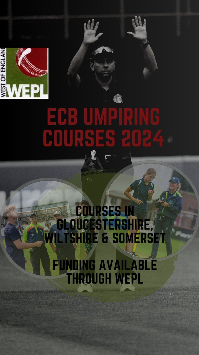 There's lots going on in the world of officiating in the spring! 21/01/24 Swindon CC, Wiltshire booking.ecb.co.uk/d/bpqhv1/ 28/01/24 Bath CC, Somerset booking.ecb.co.uk/d/spqhvw/ 25/02/24 Merchant's Academy, Gloucestershire booking.ecb.co.uk/d/9pqhq6/ @GlosUmps @SomersetACO