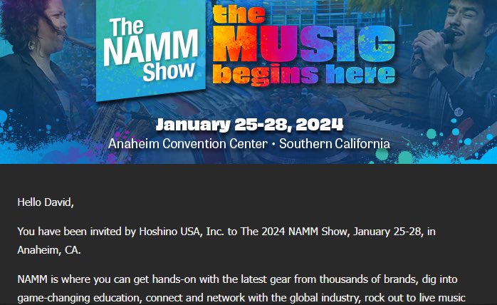 ¡¡Nos vamos a @NAMM 2024!!

Gracias a @hoshinogakki USA Inc. (@ibanezofficial ) por siempre pensar en este humilde músico.

Anaheim, California, nos vemos en Enero 😎 

#TheNAMMshow #TheMusicBeginsHere