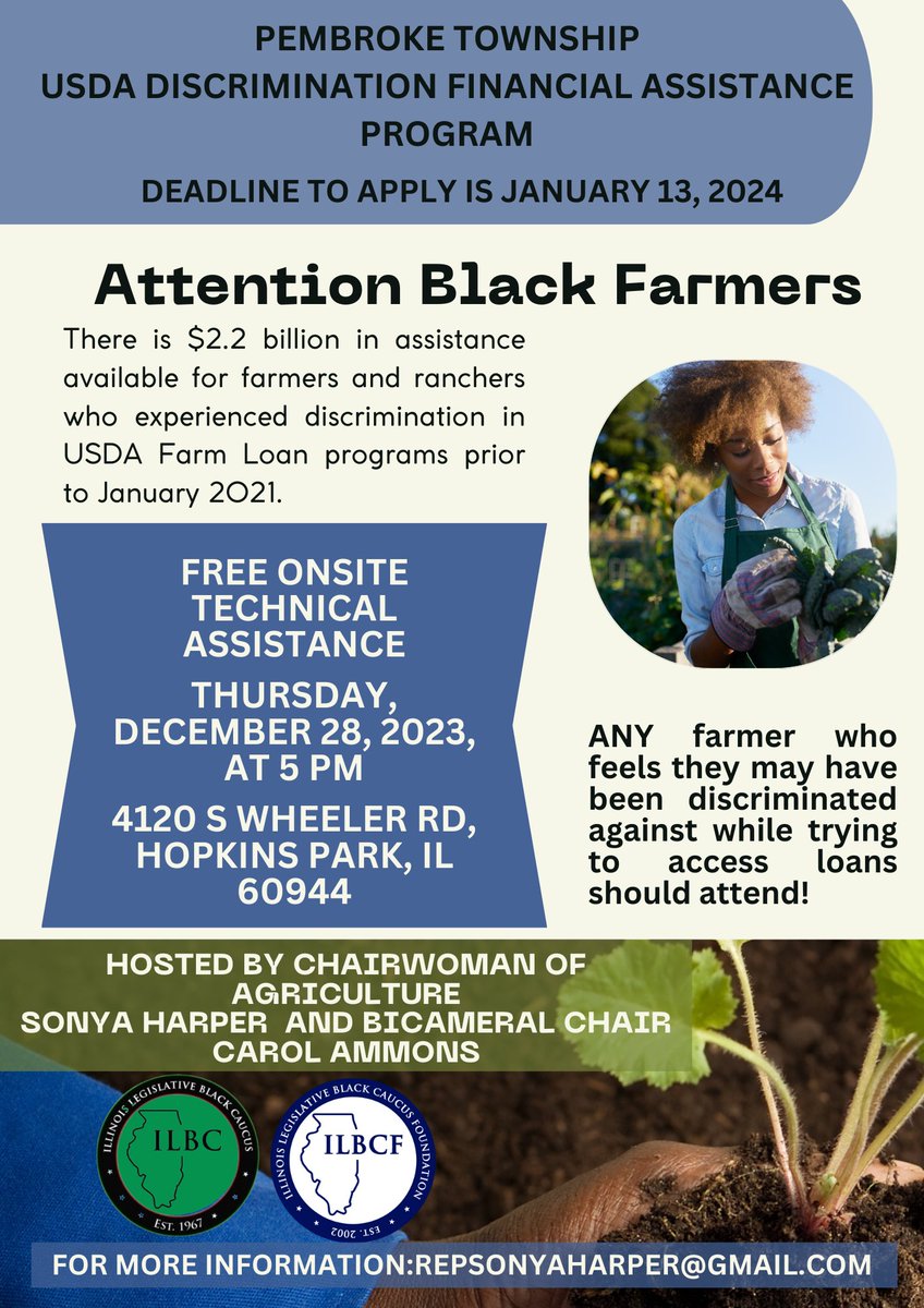 Hey BIPOC farmers! 👩🏿‍🌾🧑🏾‍🌾Our friend @RepSonyaHarper is hosting a free event on Thur, Dec. 28th at 5pm in Hopkins Park for farmers, ranchers, & forest landowners who experienced discrimination by USDA in its farm loan programs prior to 1/1/21. For more info: epsonyaharper@gmail.com