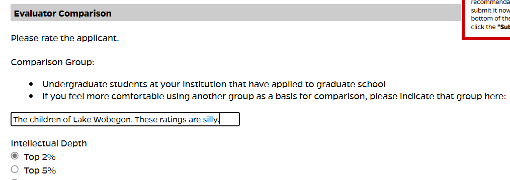 Will the answer below disadvantage the student for whom I am writing a recommendation, even if I chose Top 2% in every category? Will anyone younger than me get the Lake Wobegon reference?