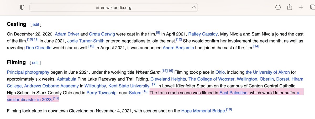 The train derailment in East Palestine, Ohio took place just a year after the movie White Noise came out. White noise featured a train crash that released toxic airborne chemicals. That specific scene was filmed in... you guessed it... East Palestine. 🧐