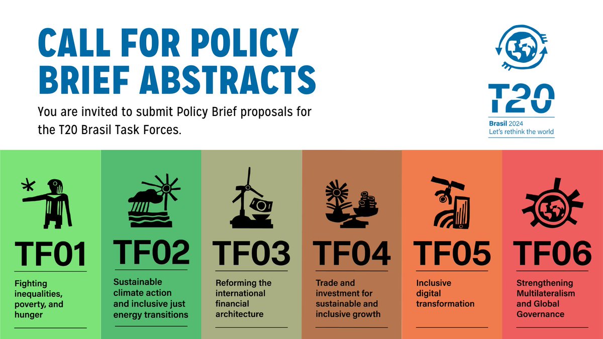 📢 CALL FOR POLICY BRIEFS ABSTRACTS 🌍💡 ✍🏼 The T20 Brasil process will put forward policy recommendations to G20 officials involved in the Sherpa and Finance tracks in the form of a final communiqué and task forces recommendations.