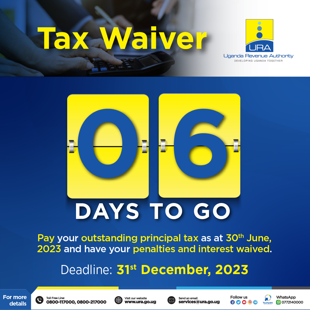 On the first day of Christmas🎄the Taxman offered a tax waiver for every taxpayer upon payment of outstanding principal tax as at 30th June, 2023. Offer lasts until: 31st December, 2023. #URATaxWaiver #TaxMchuzi