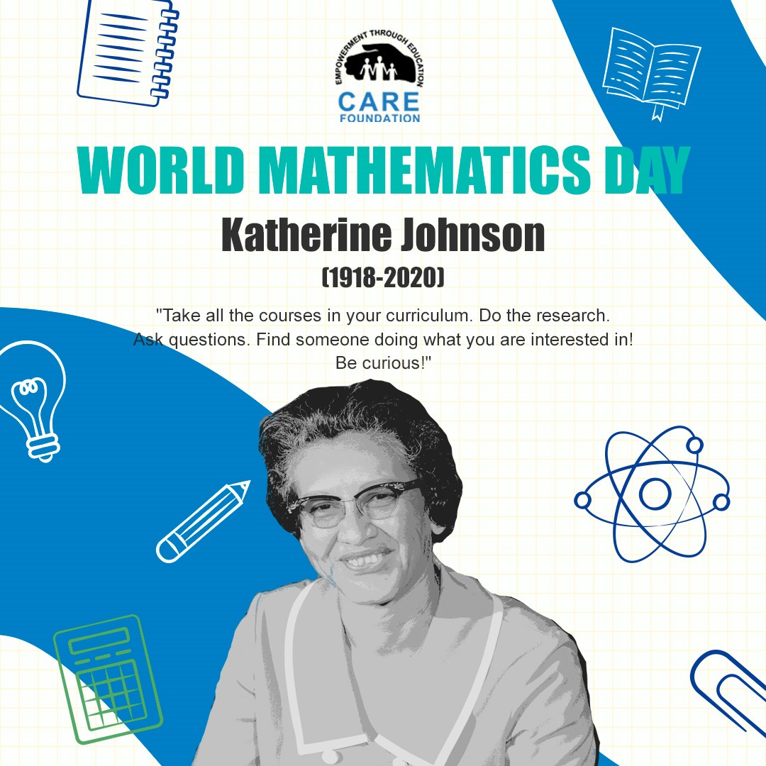 On this Mathematics Day, we honor the extraordinary Katherine Johnson, the unsung hero behind the success of the Apollo 11 mission!

#KatherineJohnson #Apollo11 #MathematicsMagic #MoonLandingMarvels #MathematicsDay #CAREFoundation #YehBachayHamaryHain #WeCare