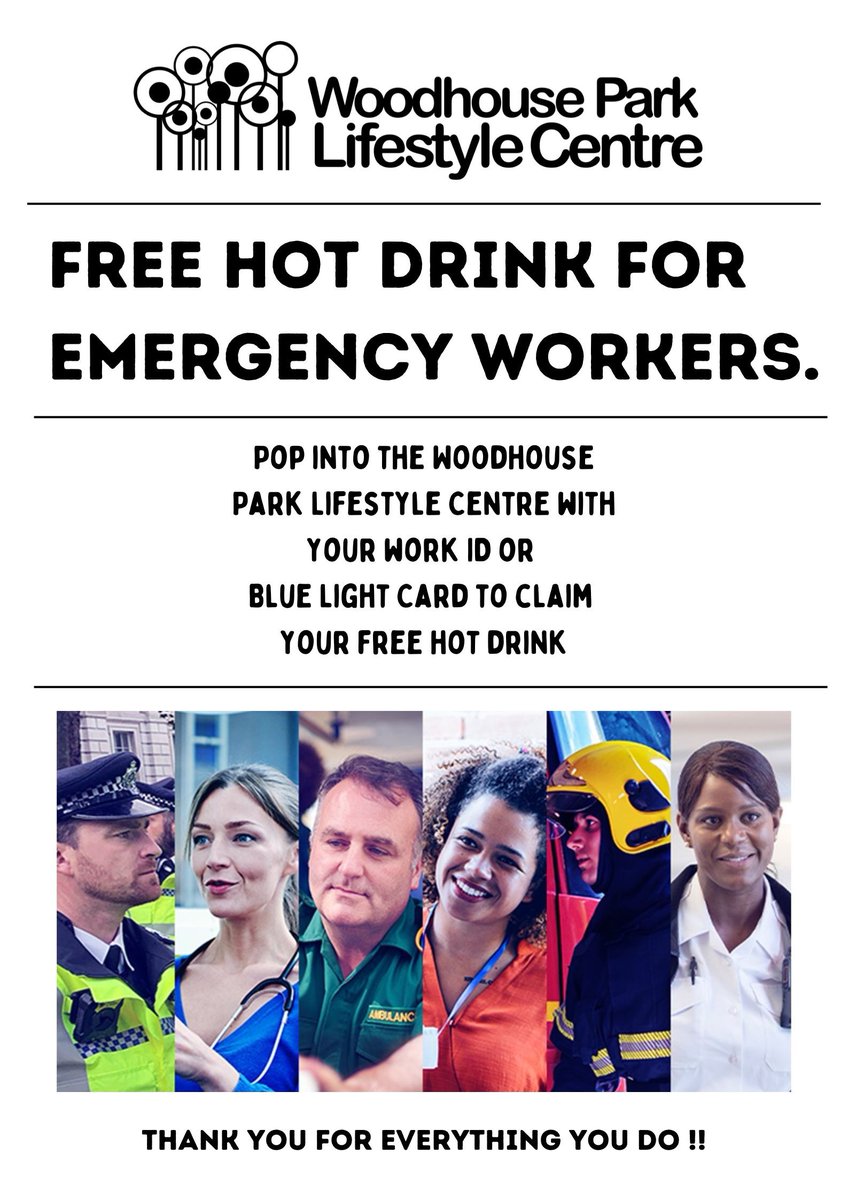 From 2nd January, we will be offering free hot drinks ☕ to all emergency workers to say ‘thank you’ 🙏for all their tirelessly, hard work. Just remember to bring your work ID or blue light card to claim your free drink. @NHSuk @GMPWythenshawe @manchesterfire