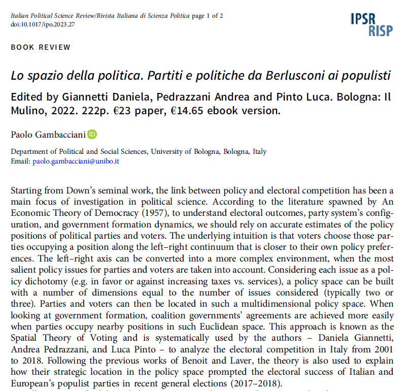 Ita_PolSc_Rev's tweet image. A new #BookReview📖 is now out in #FirstView‼️

@paologamba10 reviews Daniela Giannetti, @andrea_piter &amp;amp; @lu_pint 's 2022 volume: an analysis of the electoral competition in Italy from 2001 to 2018 based on the policy space approach

Read for #free 👉cambridge.org/core/journals/…
